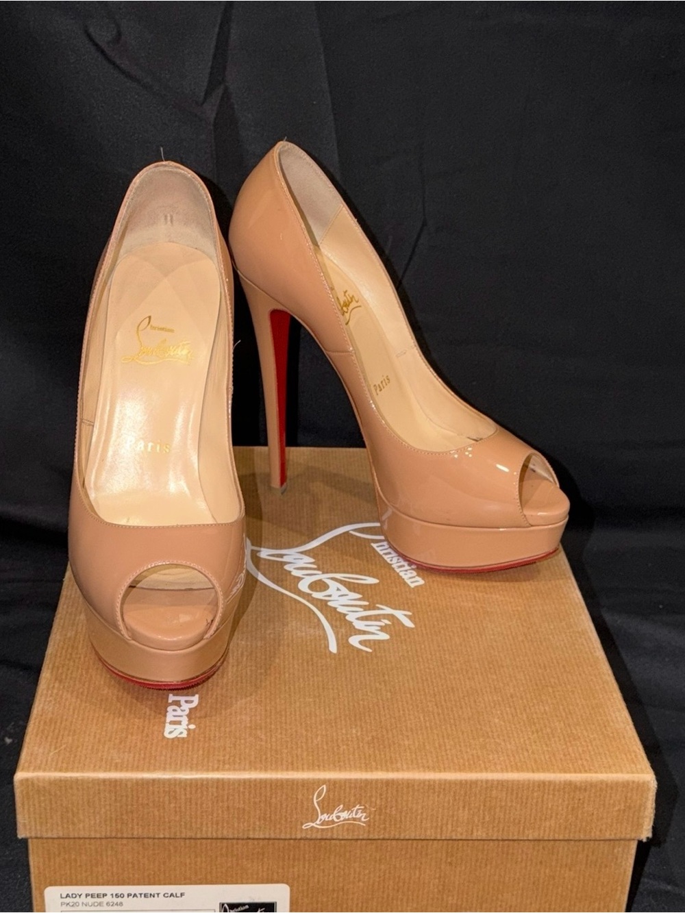 Authentic Christian Louboutin Nude Patent Peep-Toe Platform Pumps with Red Sole